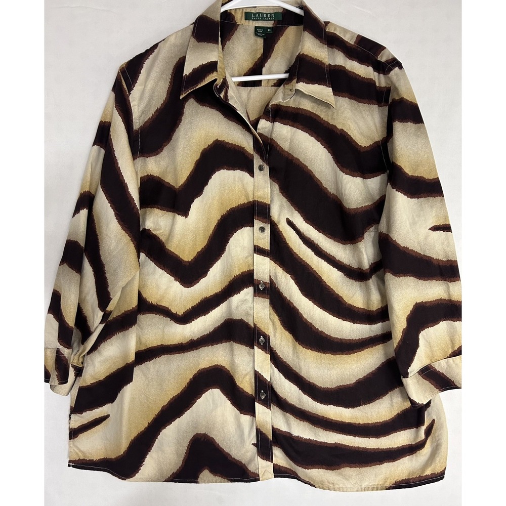 Ralph Lauren Animal Print Top 1X Plus Brown Button Up Tunic Safari Womens